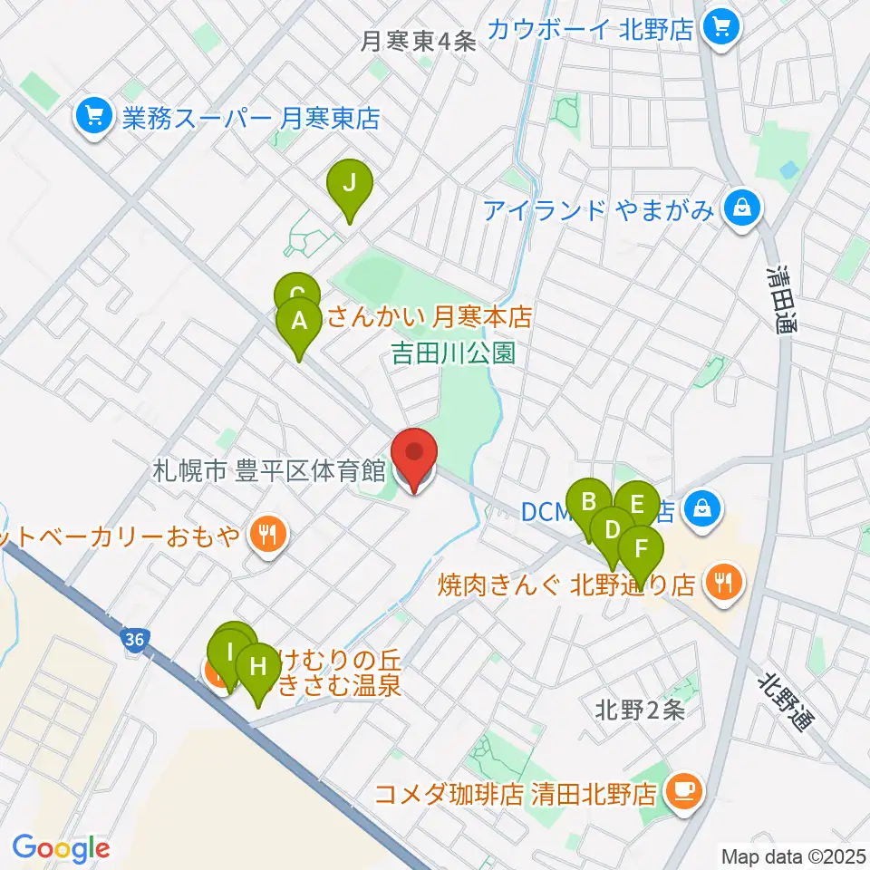 札幌市豊平区体育館周辺のファミレス・ファーストフード一覧地図