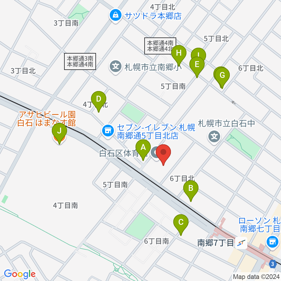 札幌市白石区体育館周辺のファミレス・ファーストフード一覧地図