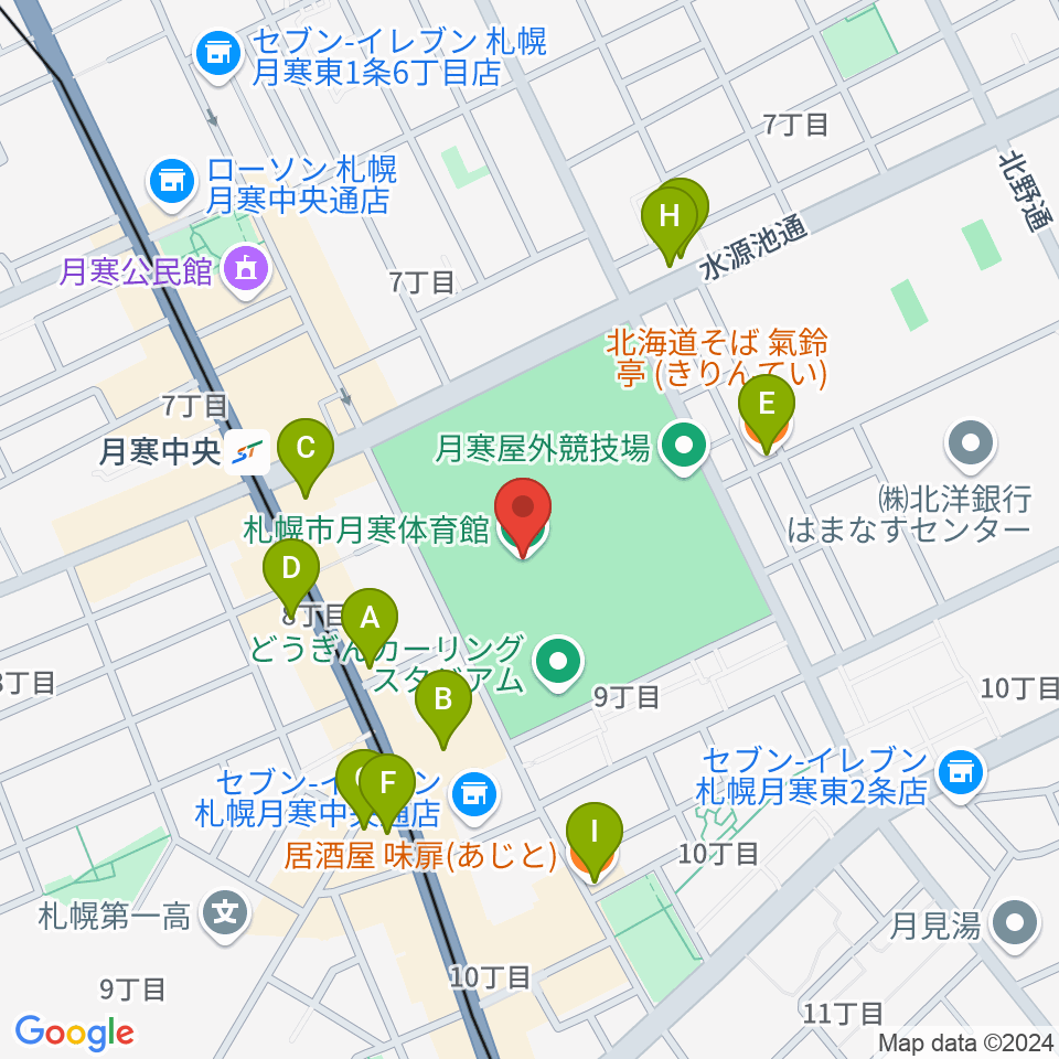 札幌市月寒体育館周辺のファミレス・ファーストフード一覧地図