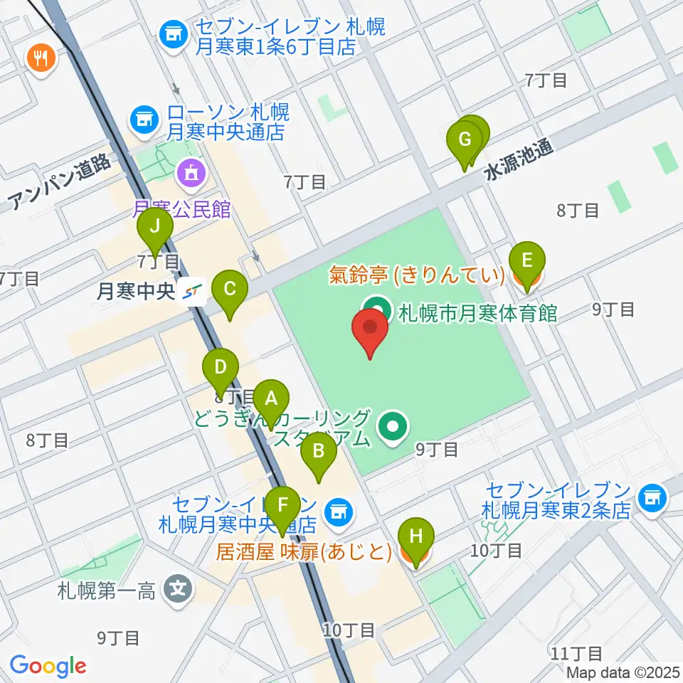札幌市月寒体育館周辺のファミレス・ファーストフード一覧地図