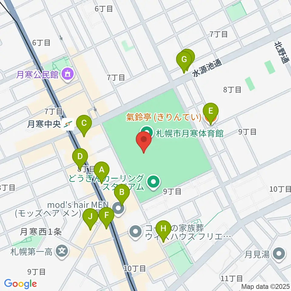 札幌市月寒体育館周辺のファミレス・ファーストフード一覧地図