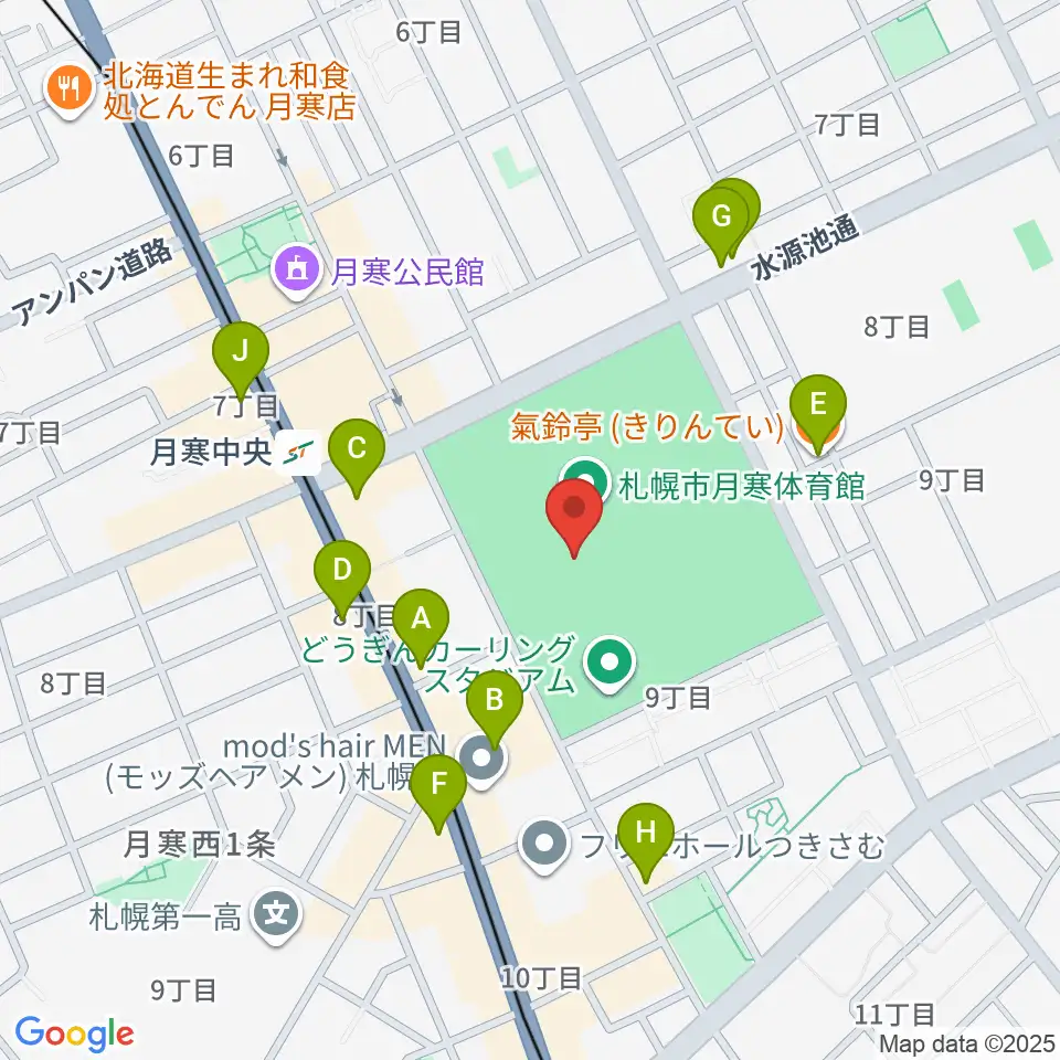 札幌市月寒体育館周辺のファミレス・ファーストフード一覧地図
