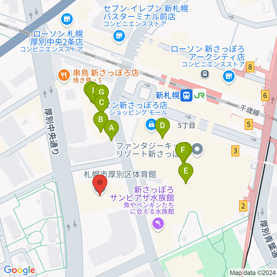 札幌市厚別区体育館周辺のファミレス・ファーストフード一覧地図