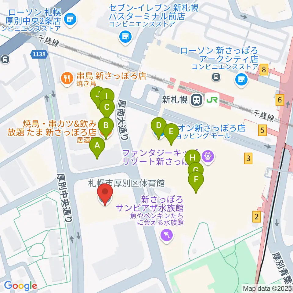 札幌市厚別区体育館周辺のファミレス・ファーストフード一覧地図