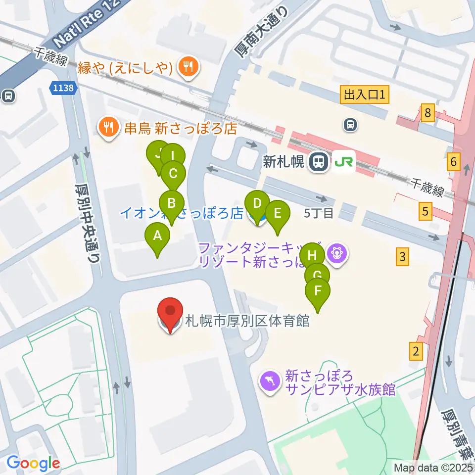 札幌市厚別区体育館周辺のファミレス・ファーストフード一覧地図