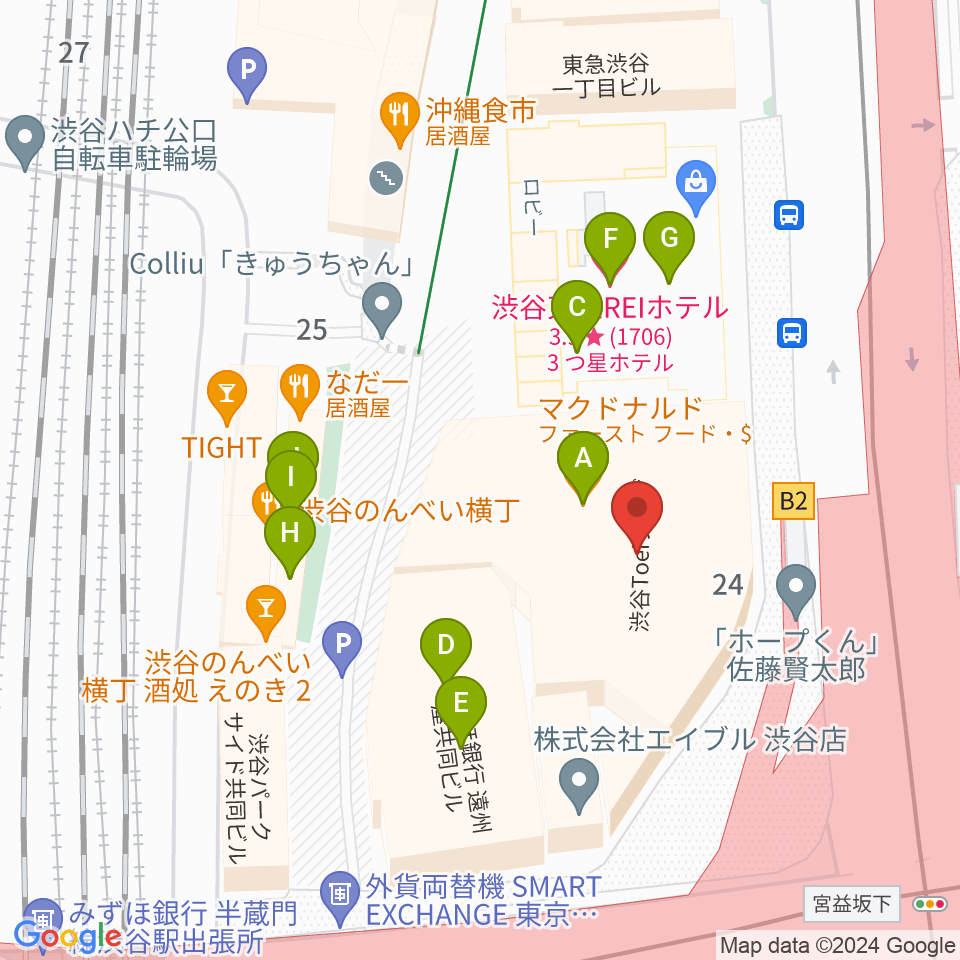 Bunkamuraル・シネマ渋谷宮下周辺のファミレス・ファーストフード一覧地図