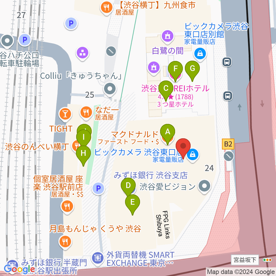 Bunkamuraル・シネマ渋谷宮下周辺のファミレス・ファーストフード一覧地図