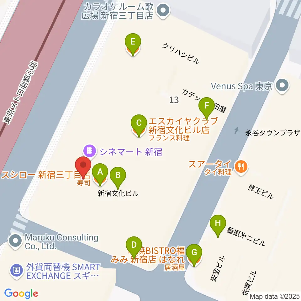 キノシネマ新宿周辺のファミレス・ファーストフード一覧地図