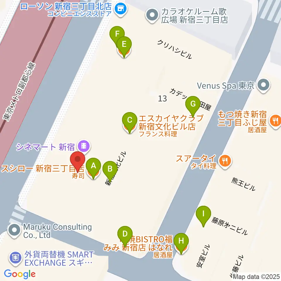 キノシネマ新宿周辺のファミレス・ファーストフード一覧地図