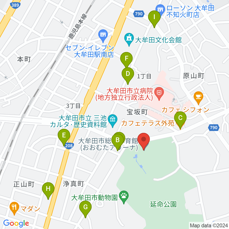 おおむたアリーナ周辺のファミレス・ファーストフード一覧地図