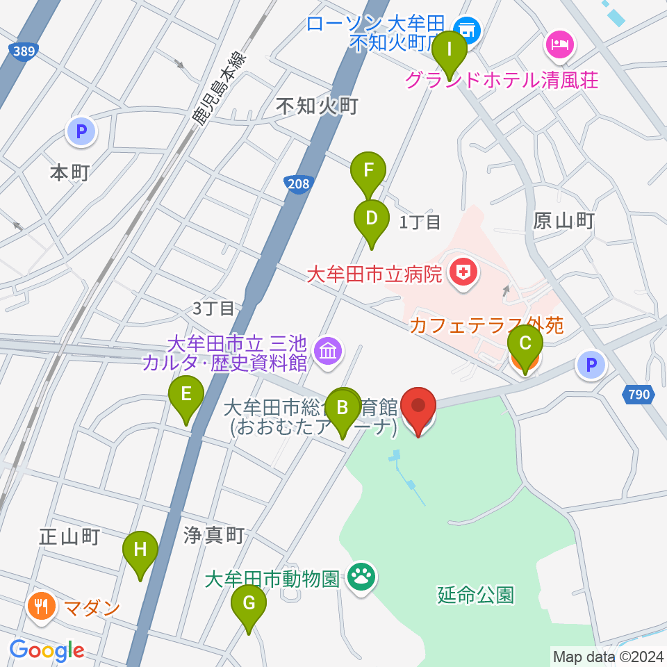 おおむたアリーナ周辺のファミレス・ファーストフード一覧地図