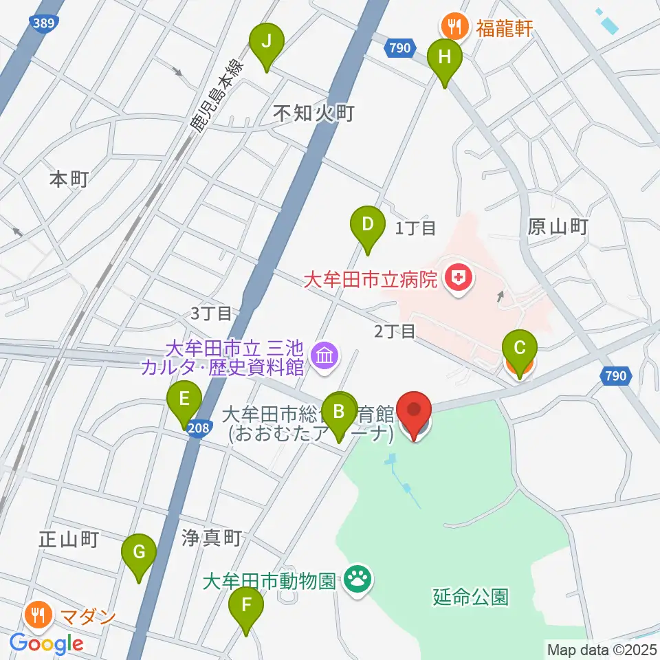 おおむたアリーナ周辺のファミレス・ファーストフード一覧地図