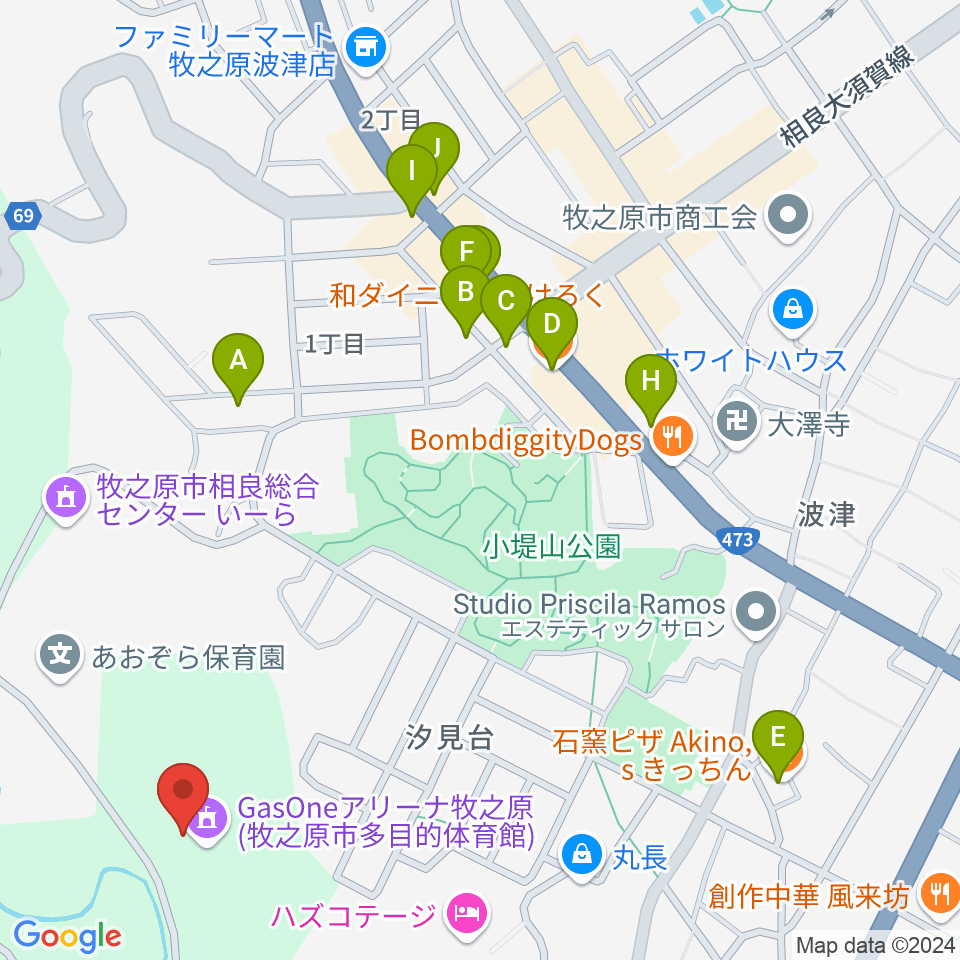 GasOneアリーナ牧之原周辺のファミレス・ファーストフード一覧地図