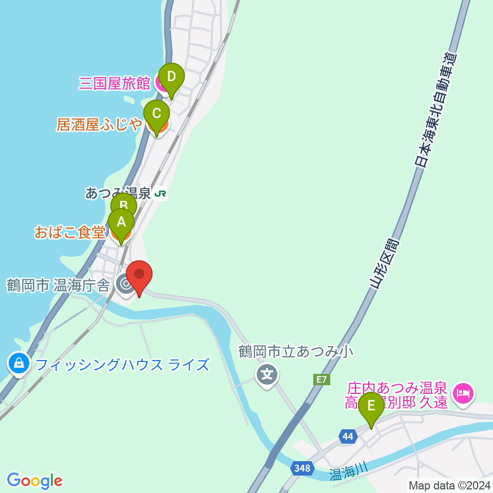 鶴岡市温海ふれあいセンター周辺のファミレス・ファーストフード一覧地図