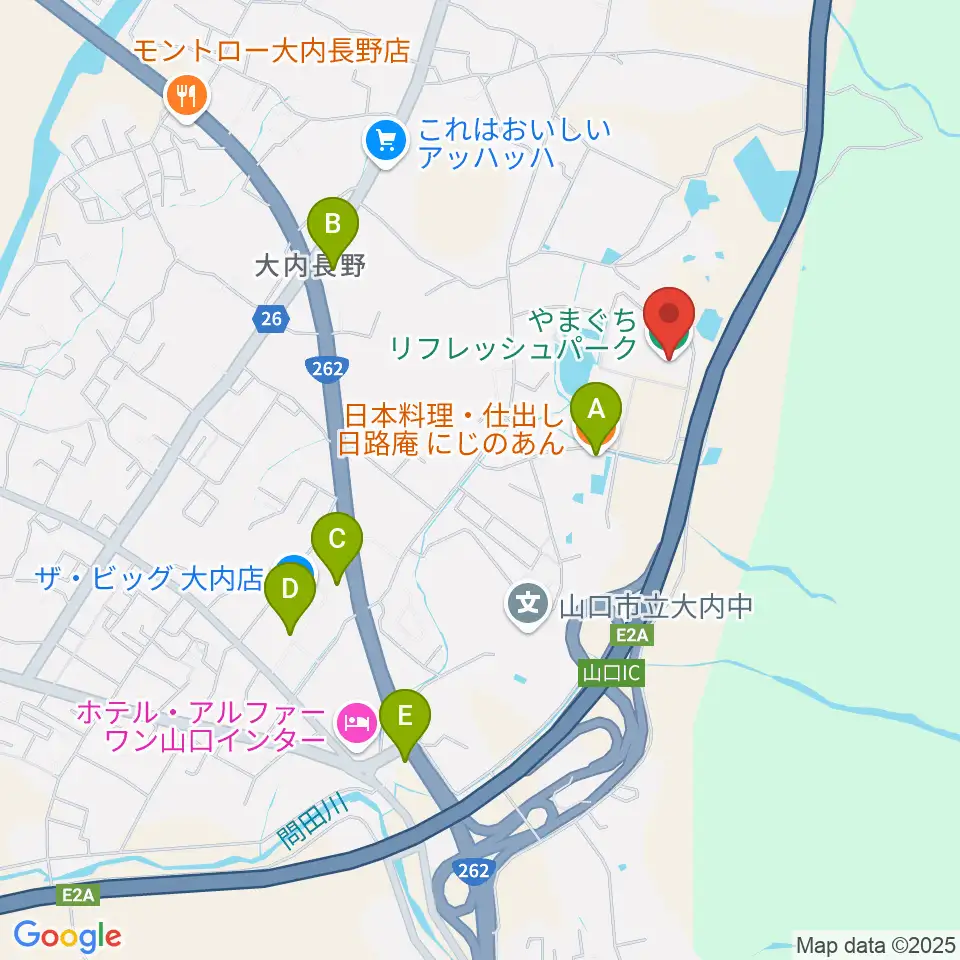 やまぐちリフレッシュパーク総合体育館周辺のファミレス・ファーストフード一覧地図