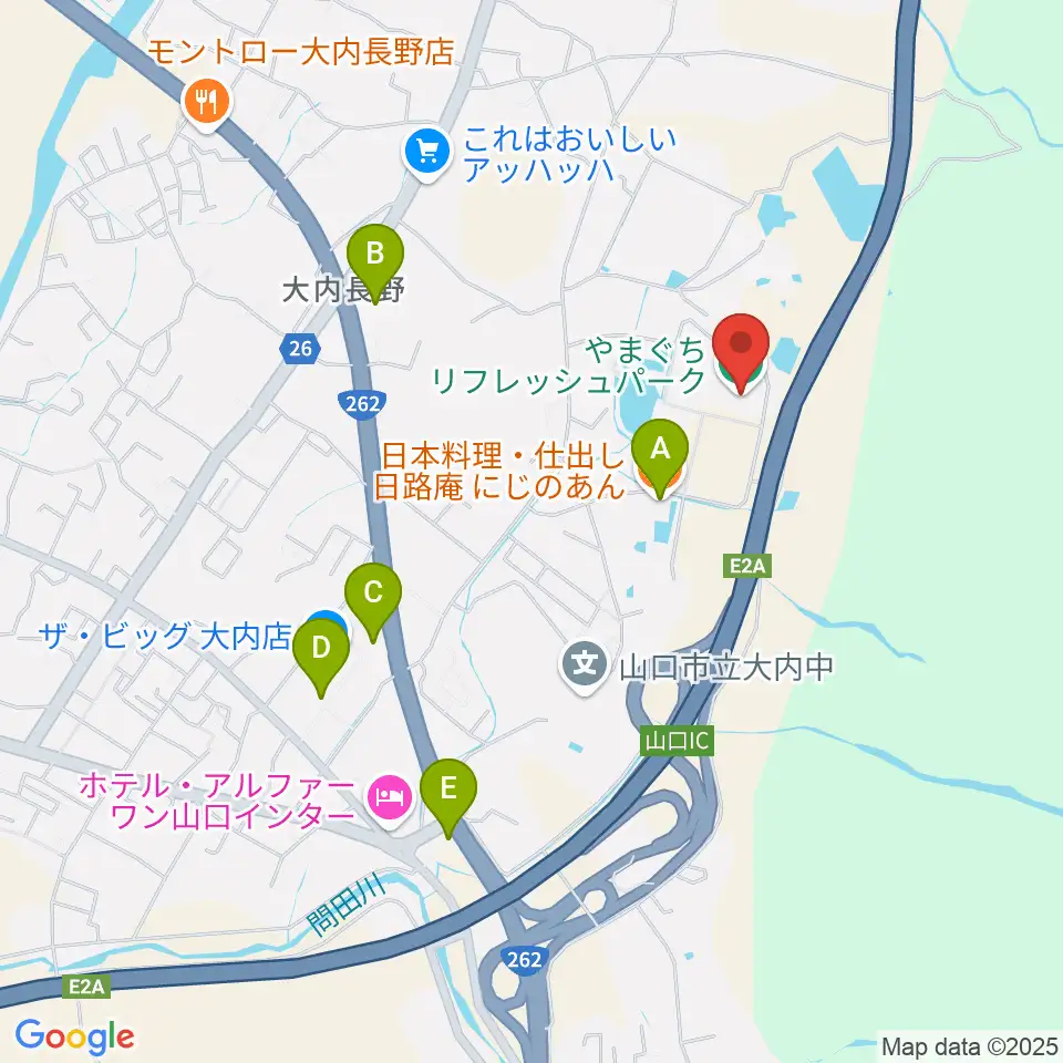 やまぐちリフレッシュパーク総合体育館周辺のファミレス・ファーストフード一覧地図