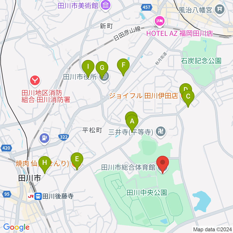 田川市総合体育館周辺のファミレス・ファーストフード一覧地図