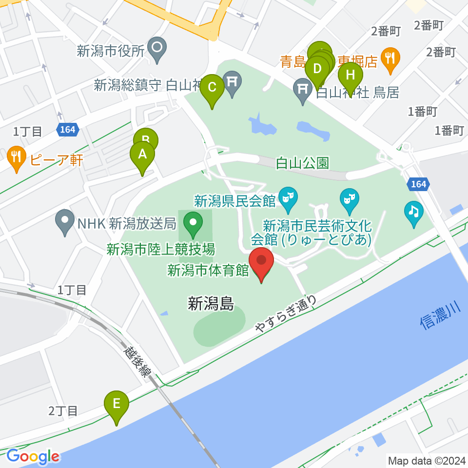 新潟市体育館周辺のファミレス・ファーストフード一覧地図