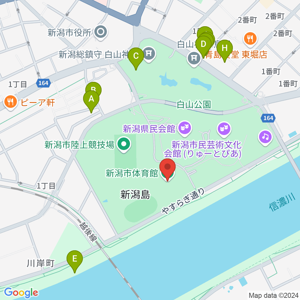 新潟市体育館周辺のファミレス・ファーストフード一覧地図