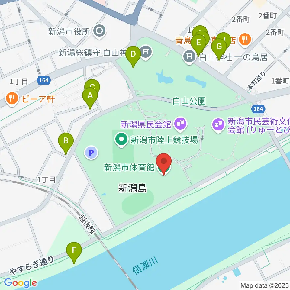 新潟市体育館周辺のファミレス・ファーストフード一覧地図