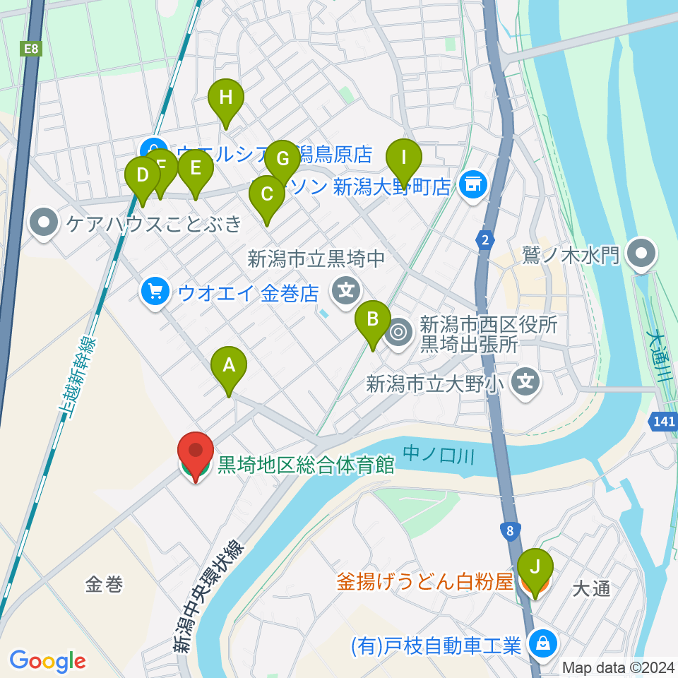 黒埼地区総合体育館周辺のファミレス・ファーストフード一覧地図