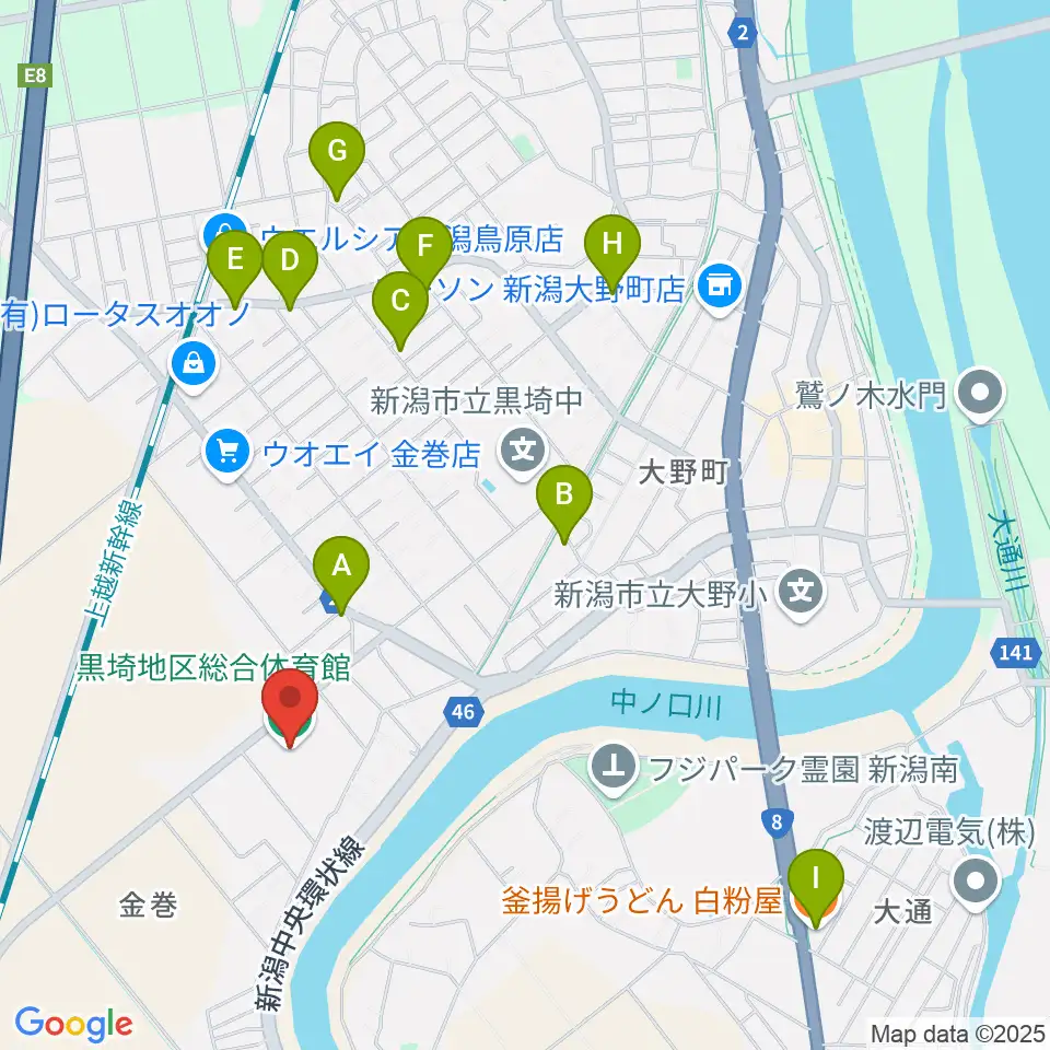 黒埼地区総合体育館周辺のファミレス・ファーストフード一覧地図