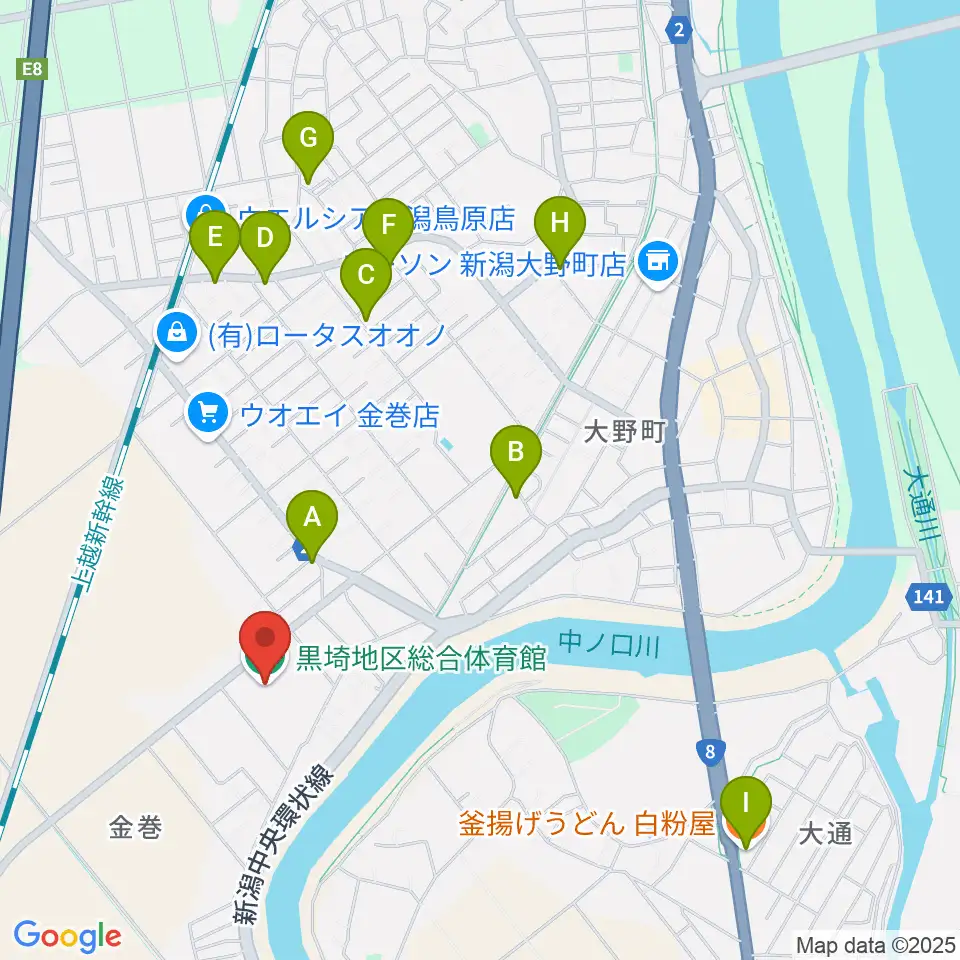 黒埼地区総合体育館周辺のファミレス・ファーストフード一覧地図