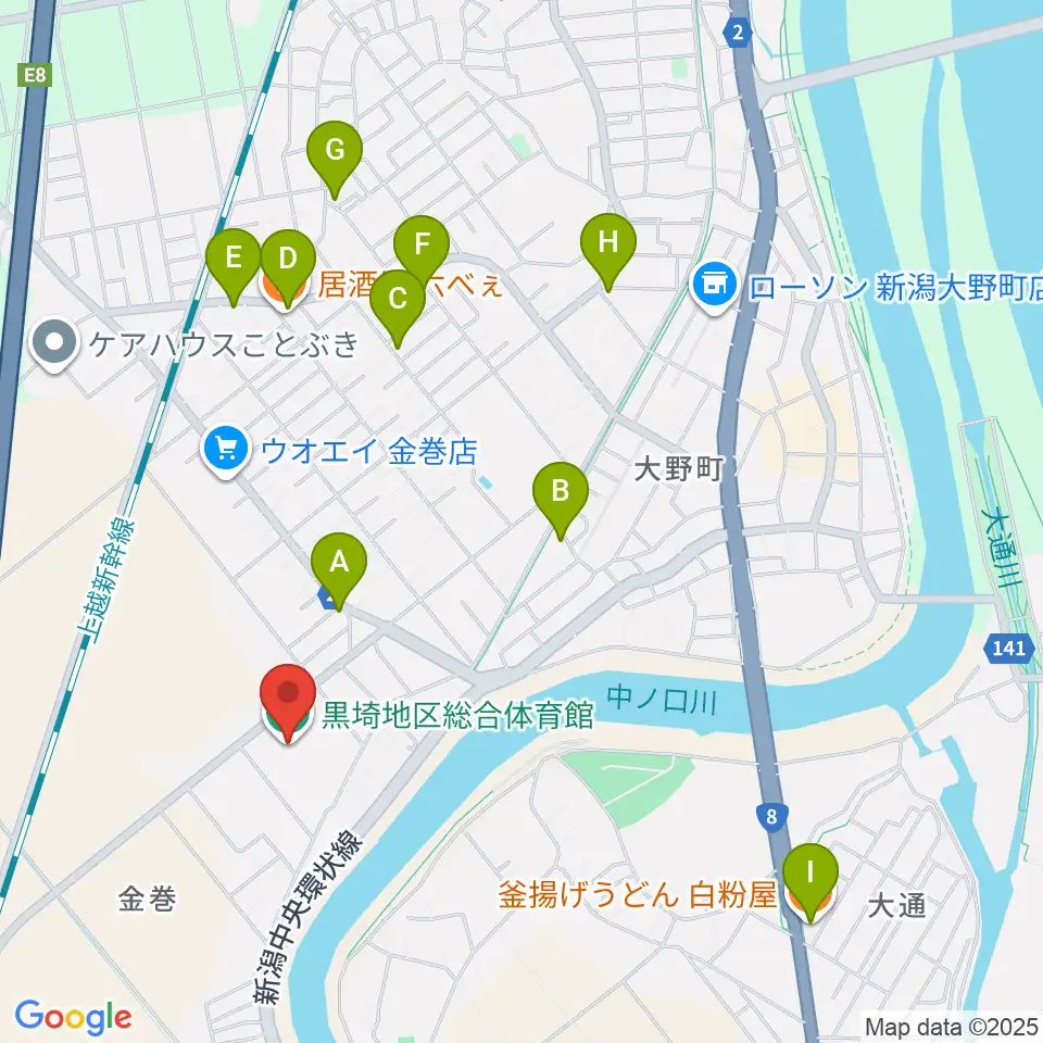 黒埼地区総合体育館周辺のファミレス・ファーストフード一覧地図