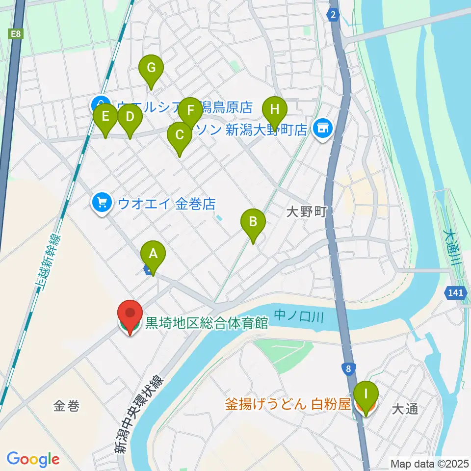 黒埼地区総合体育館周辺のファミレス・ファーストフード一覧地図