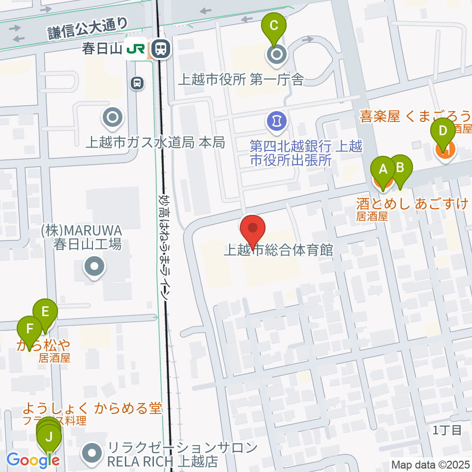 上越市総合体育館周辺のファミレス・ファーストフード一覧地図