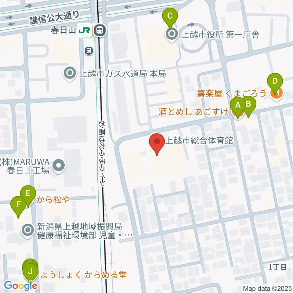 上越市総合体育館周辺のファミレス・ファーストフード一覧地図