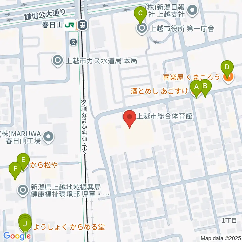 上越市総合体育館周辺のファミレス・ファーストフード一覧地図