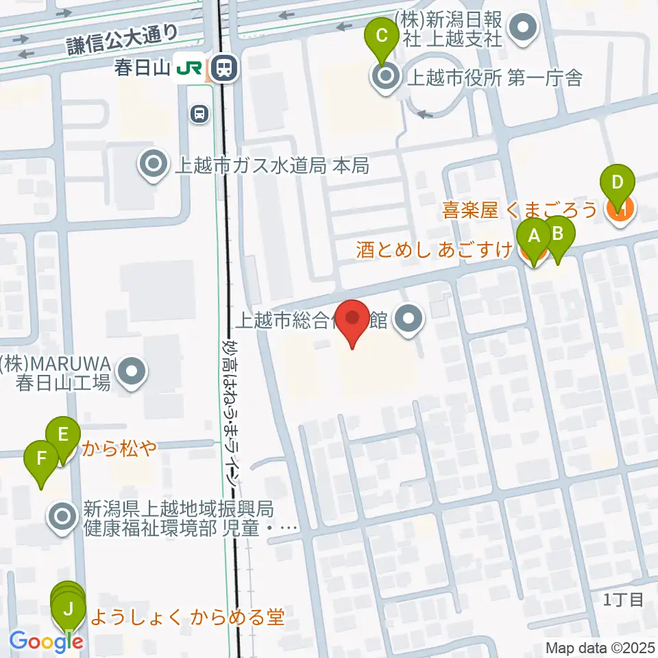 上越市総合体育館周辺のファミレス・ファーストフード一覧地図