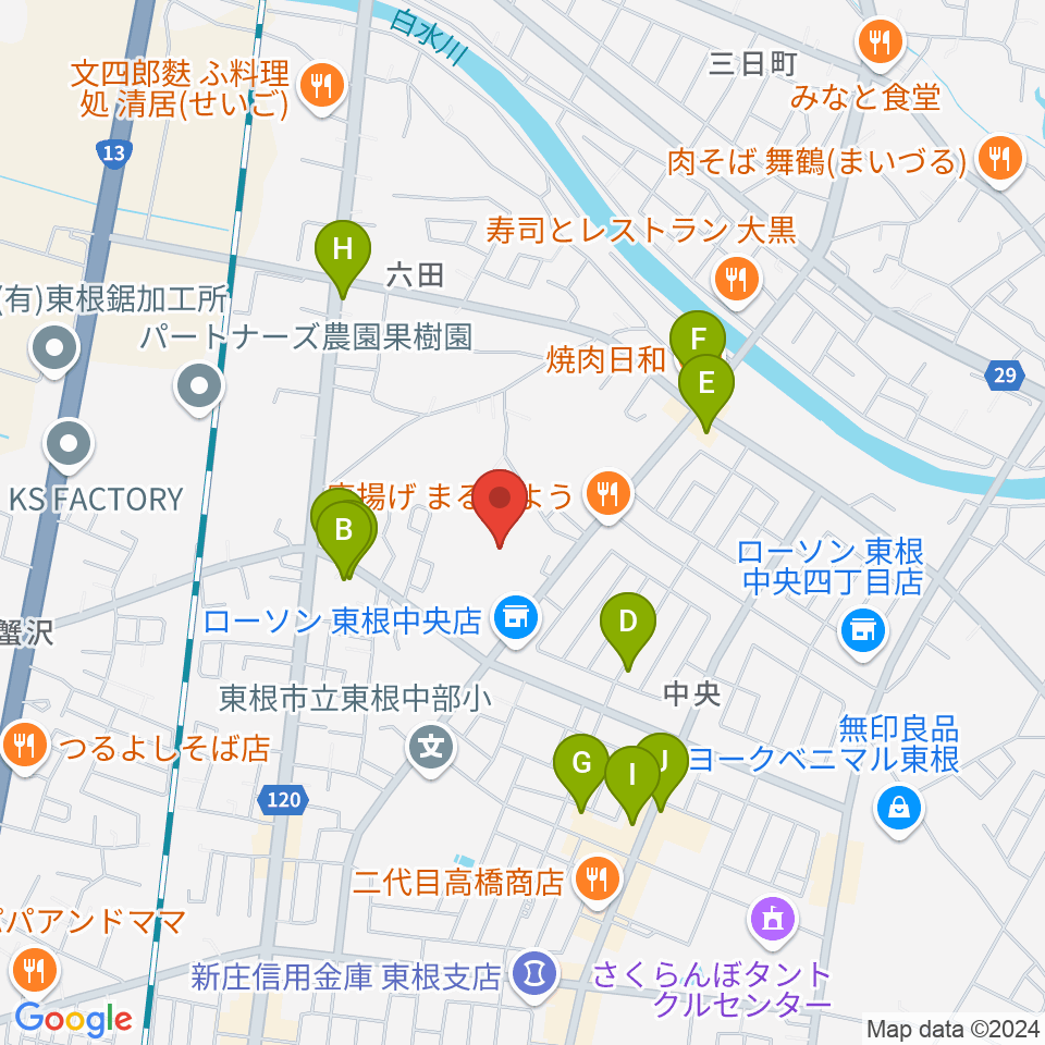 東根市中央運動公園体育館周辺のファミレス・ファーストフード一覧地図