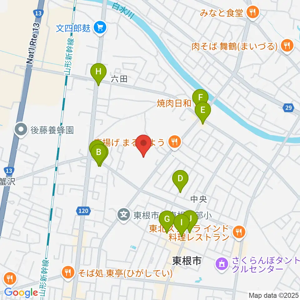 東根市中央運動公園体育館周辺のファミレス・ファーストフード一覧地図