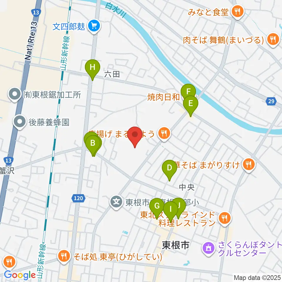 東根市中央運動公園体育館周辺のファミレス・ファーストフード一覧地図