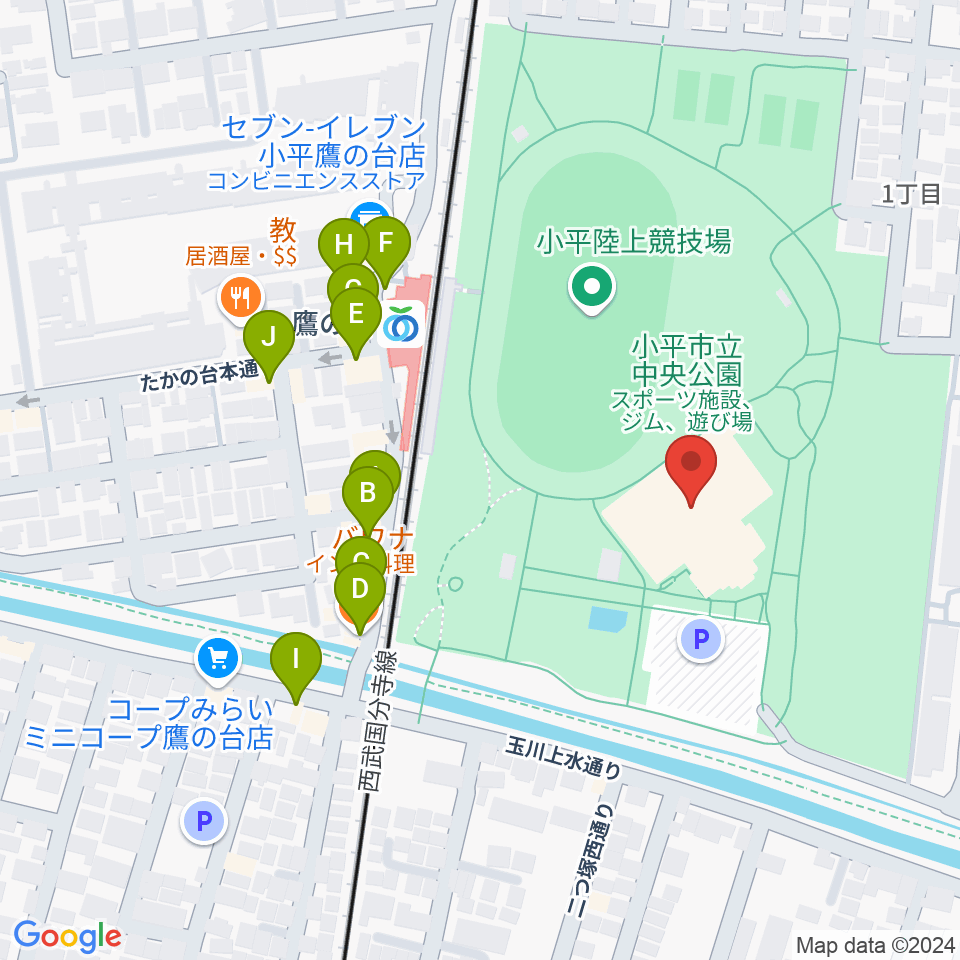 小平市民総合体育館周辺のファミレス・ファーストフード一覧地図