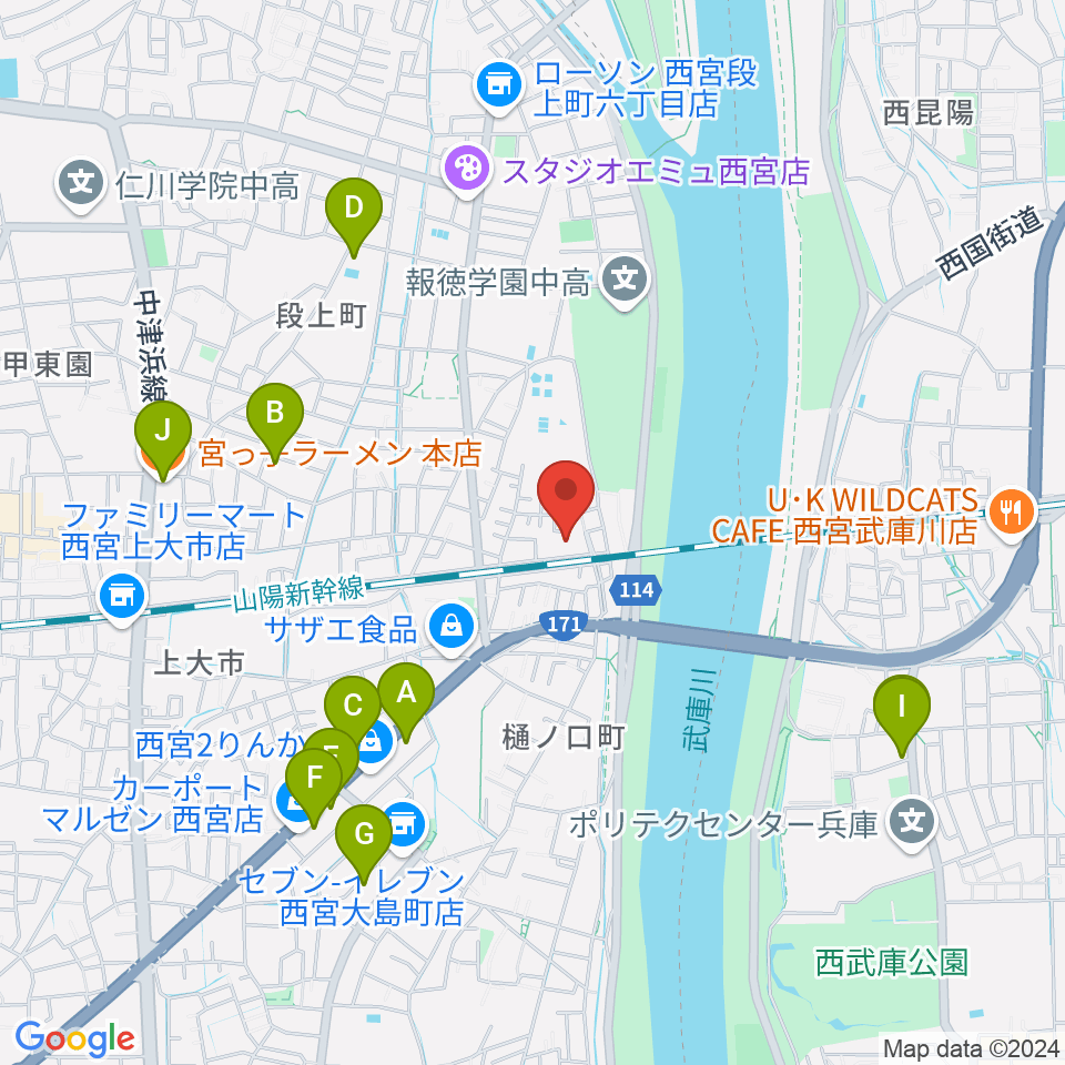 西宮市甲武体育館周辺のファミレス・ファーストフード一覧地図