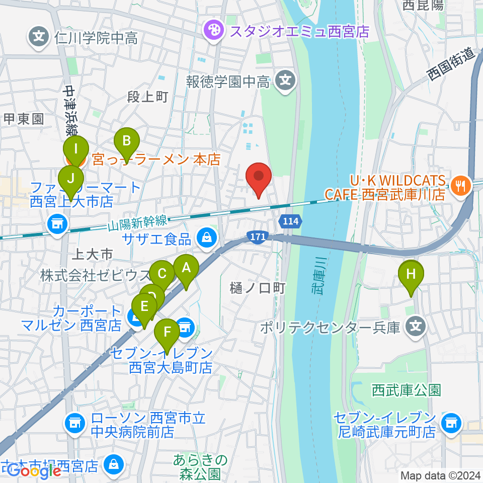 西宮市甲武体育館周辺のファミレス・ファーストフード一覧地図