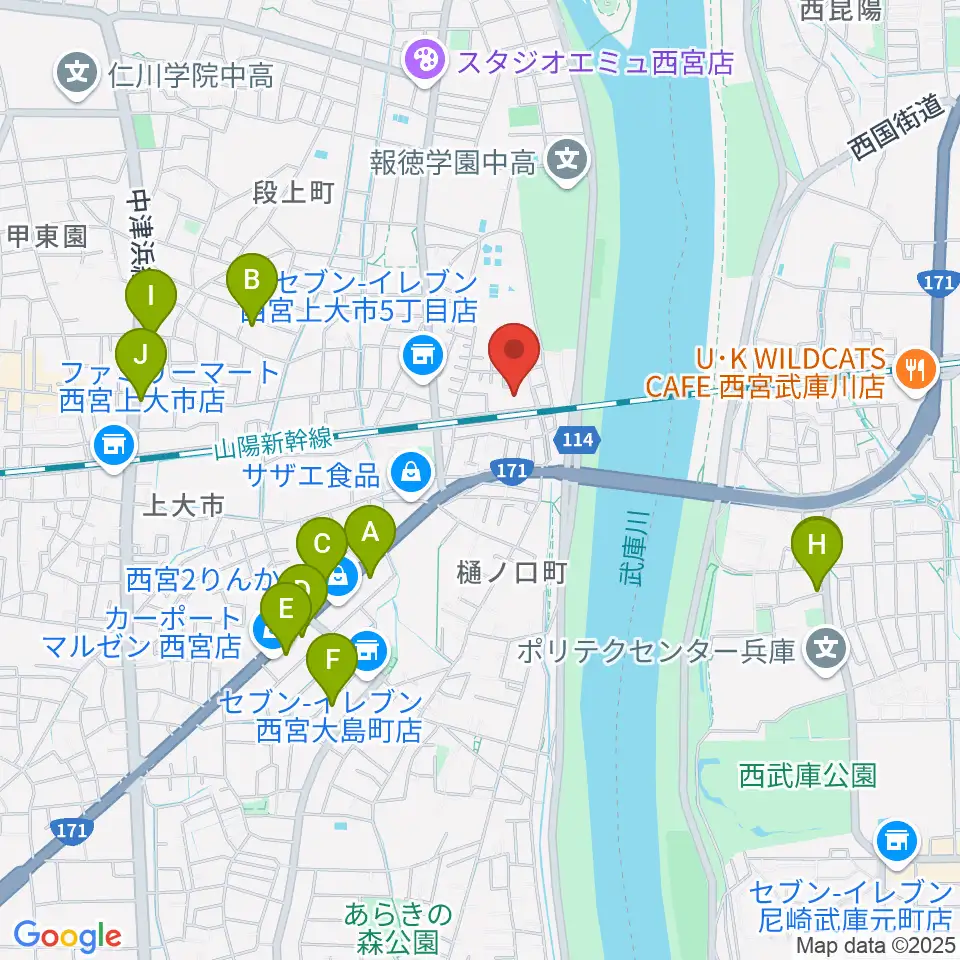 西宮市甲武体育館周辺のファミレス・ファーストフード一覧地図