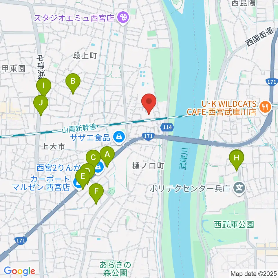西宮市甲武体育館周辺のファミレス・ファーストフード一覧地図