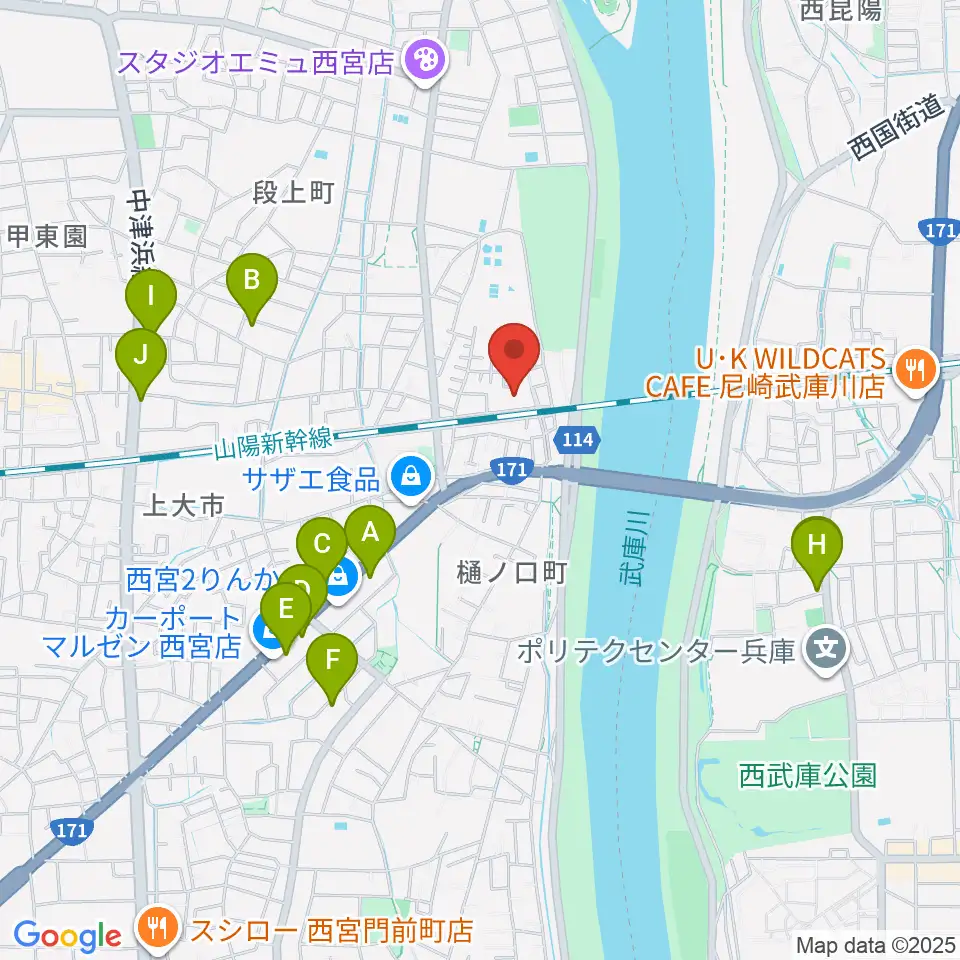 西宮市甲武体育館周辺のファミレス・ファーストフード一覧地図