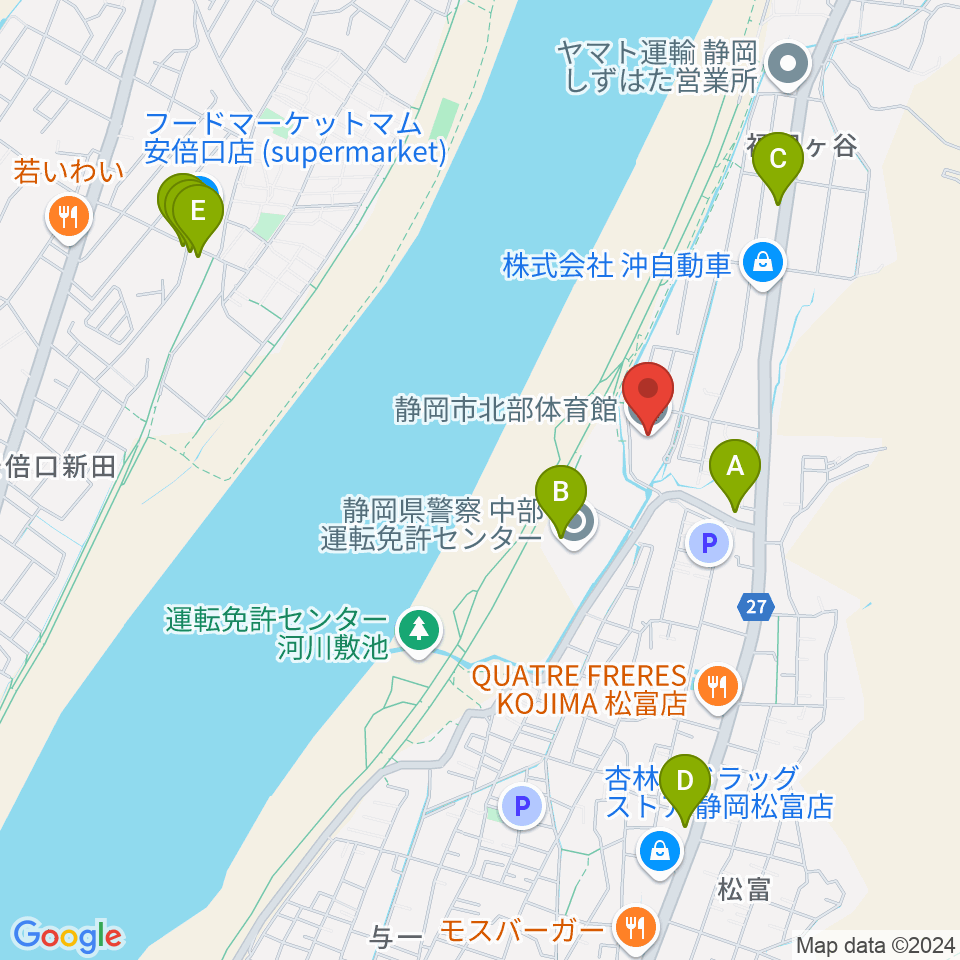 静岡市北部体育館周辺のファミレス・ファーストフード一覧地図