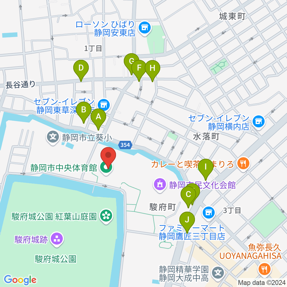 静岡市中央体育館周辺のファミレス・ファーストフード一覧地図