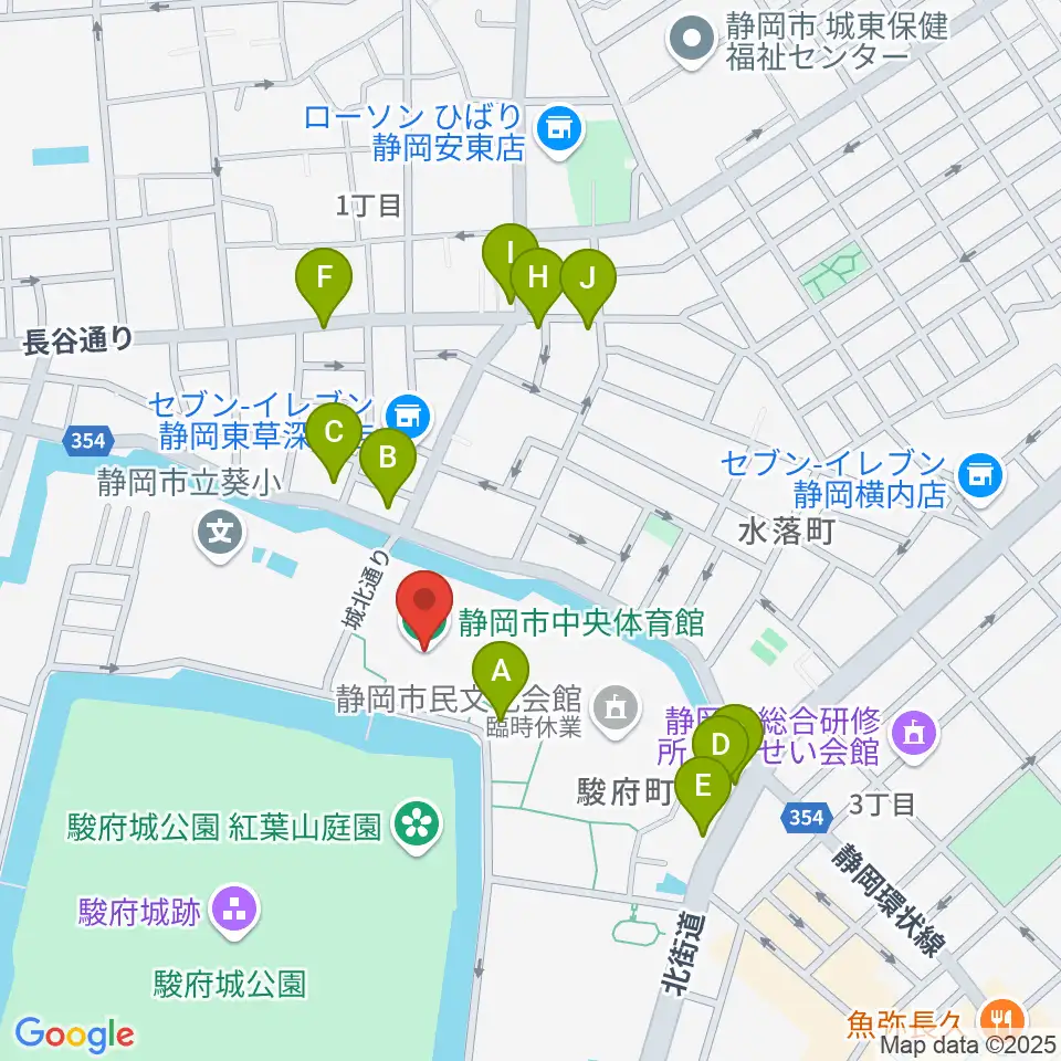 静岡市中央体育館周辺のファミレス・ファーストフード一覧地図