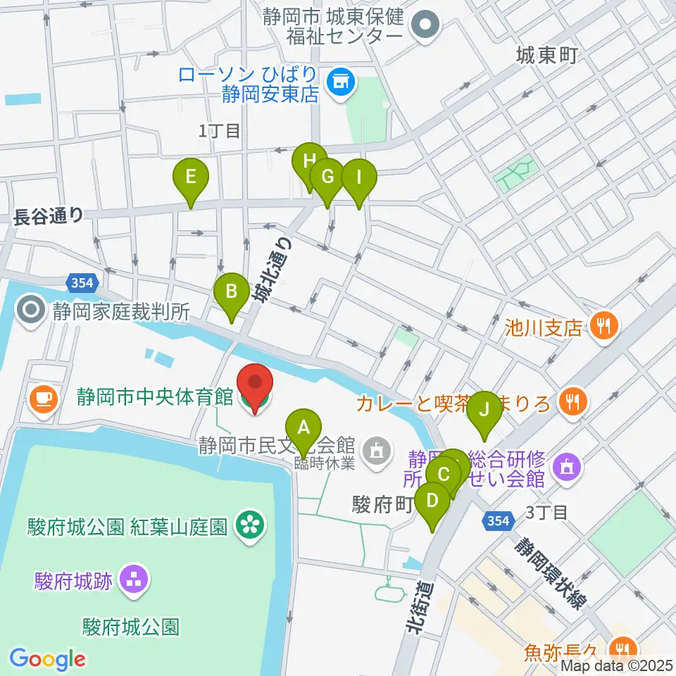 静岡市中央体育館周辺のファミレス・ファーストフード一覧地図