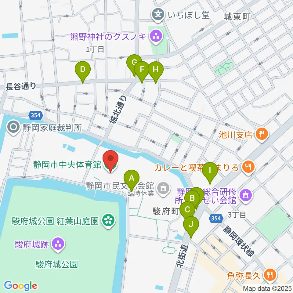 静岡市中央体育館周辺のファミレス・ファーストフード一覧地図