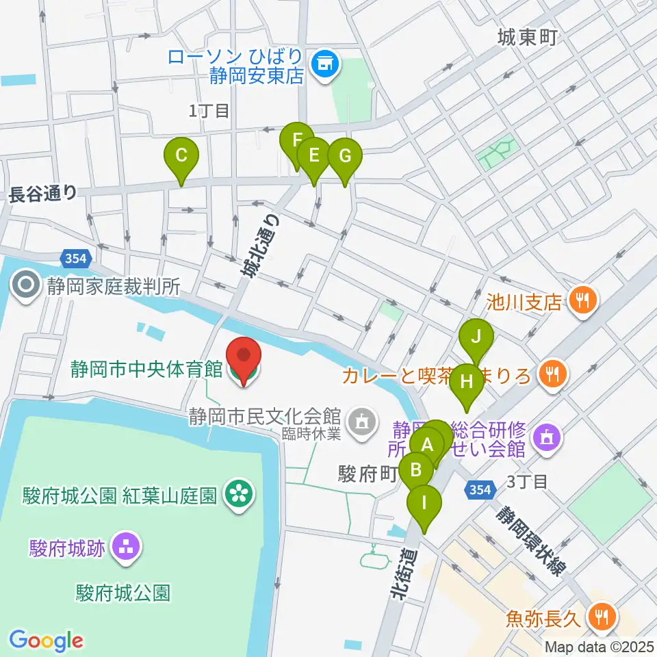 静岡市中央体育館周辺のファミレス・ファーストフード一覧地図