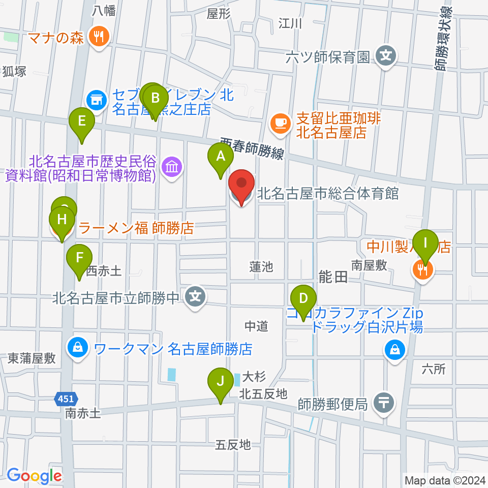 北名古屋市総合体育館周辺のファミレス・ファーストフード一覧地図