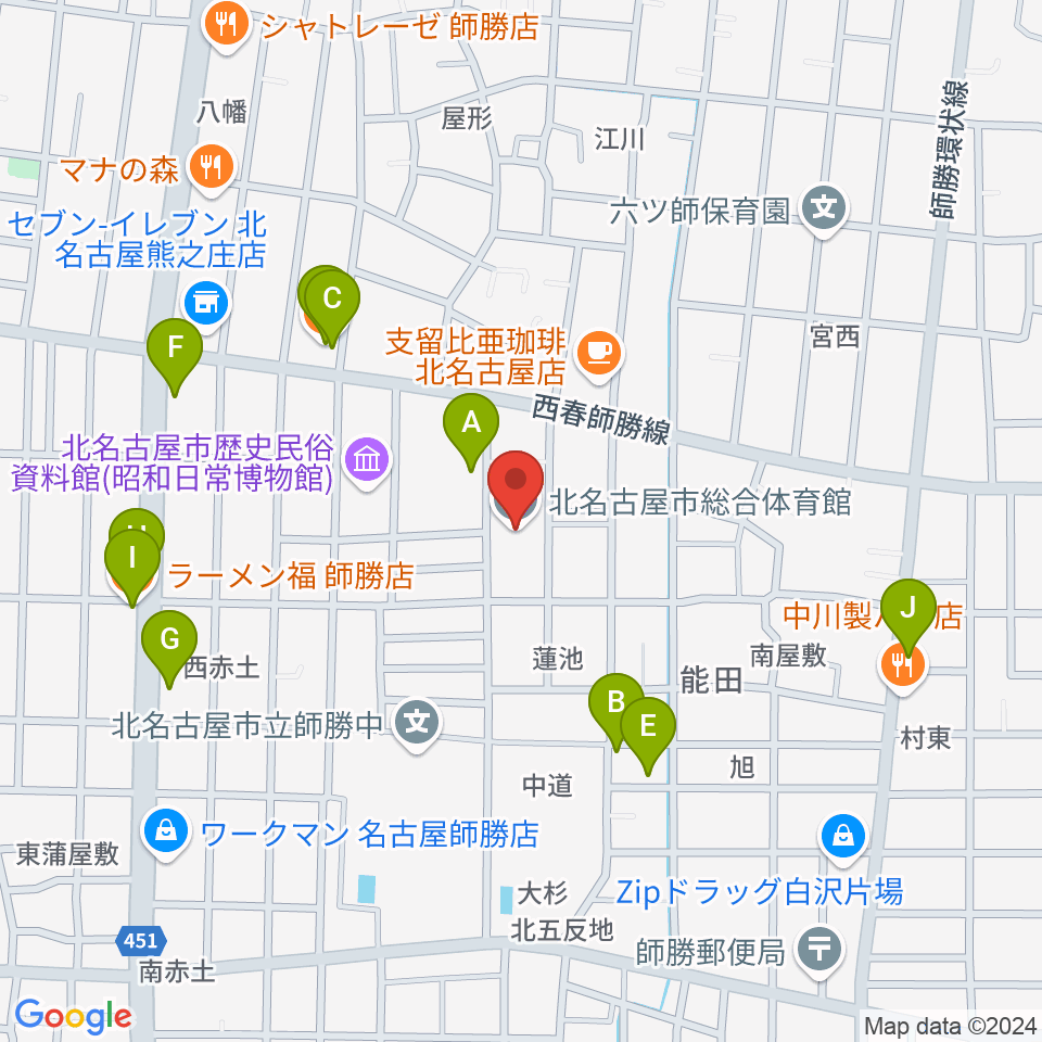 北名古屋市総合体育館周辺のファミレス・ファーストフード一覧地図